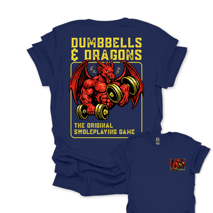 Dumbbells & Dragons T‑Shirt - The Original Swoleplaying Game - Fantasy Back & Front Print Gym Tee