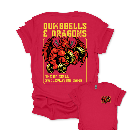 Dumbbells & Dragons T‑Shirt - The Original Swoleplaying Game - Fantasy Back & Front Print Gym Tee