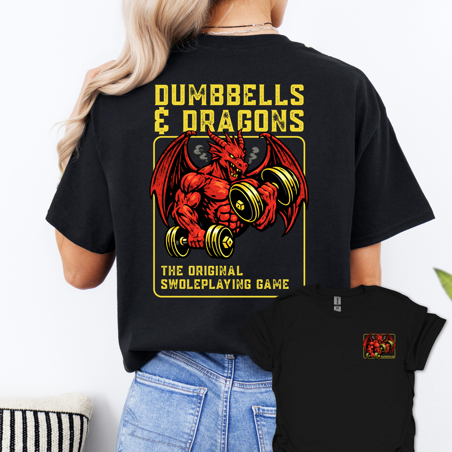 Dumbbells & Dragons T‑Shirt - The Original Swoleplaying Game - Fantasy Back & Front Print Gym Tee