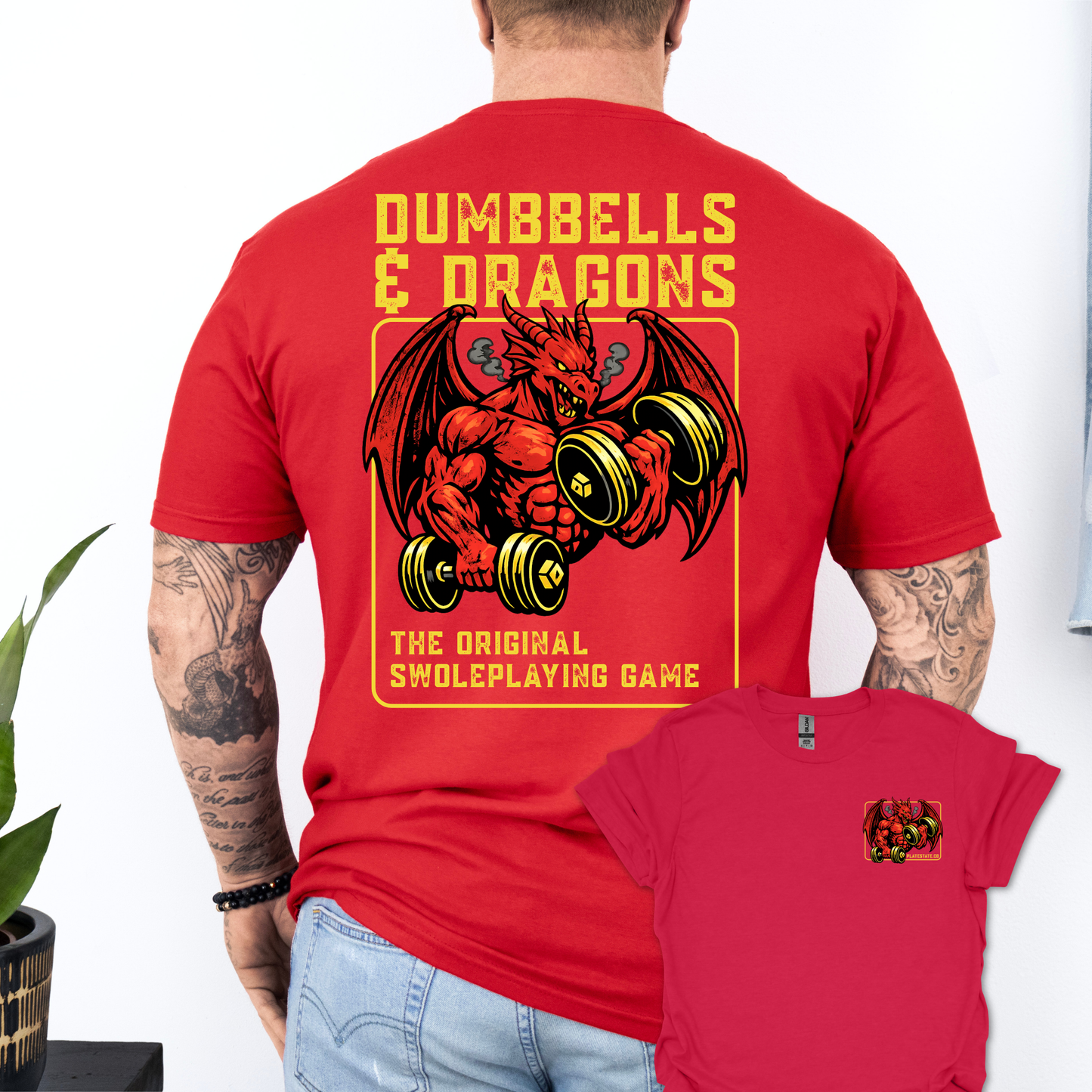 Dumbbells & Dragons T‑Shirt - The Original Swoleplaying Game - Fantasy Back & Front Print Gym Tee