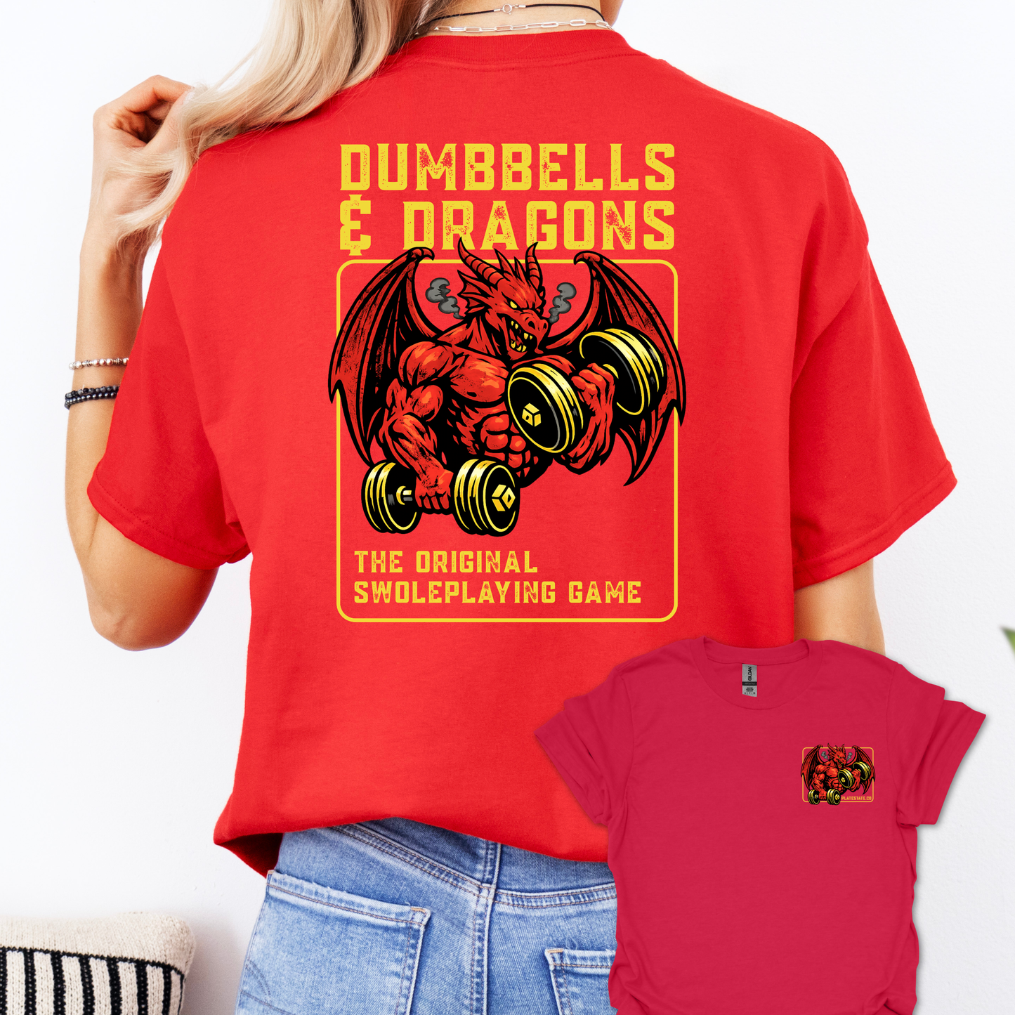 Dumbbells & Dragons T‑Shirt - The Original Swoleplaying Game - Fantasy Back & Front Print Gym Tee