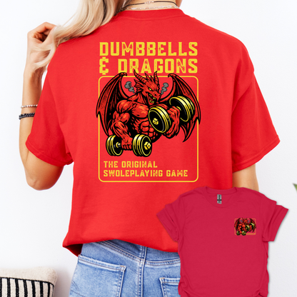 Dumbbells & Dragons T‑Shirt - The Original Swoleplaying Game - Fantasy Back & Front Print Gym Tee
