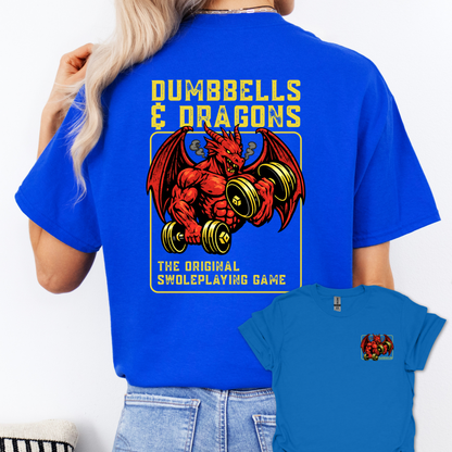 Dumbbells & Dragons T‑Shirt - The Original Swoleplaying Game - Fantasy Back & Front Print Gym Tee