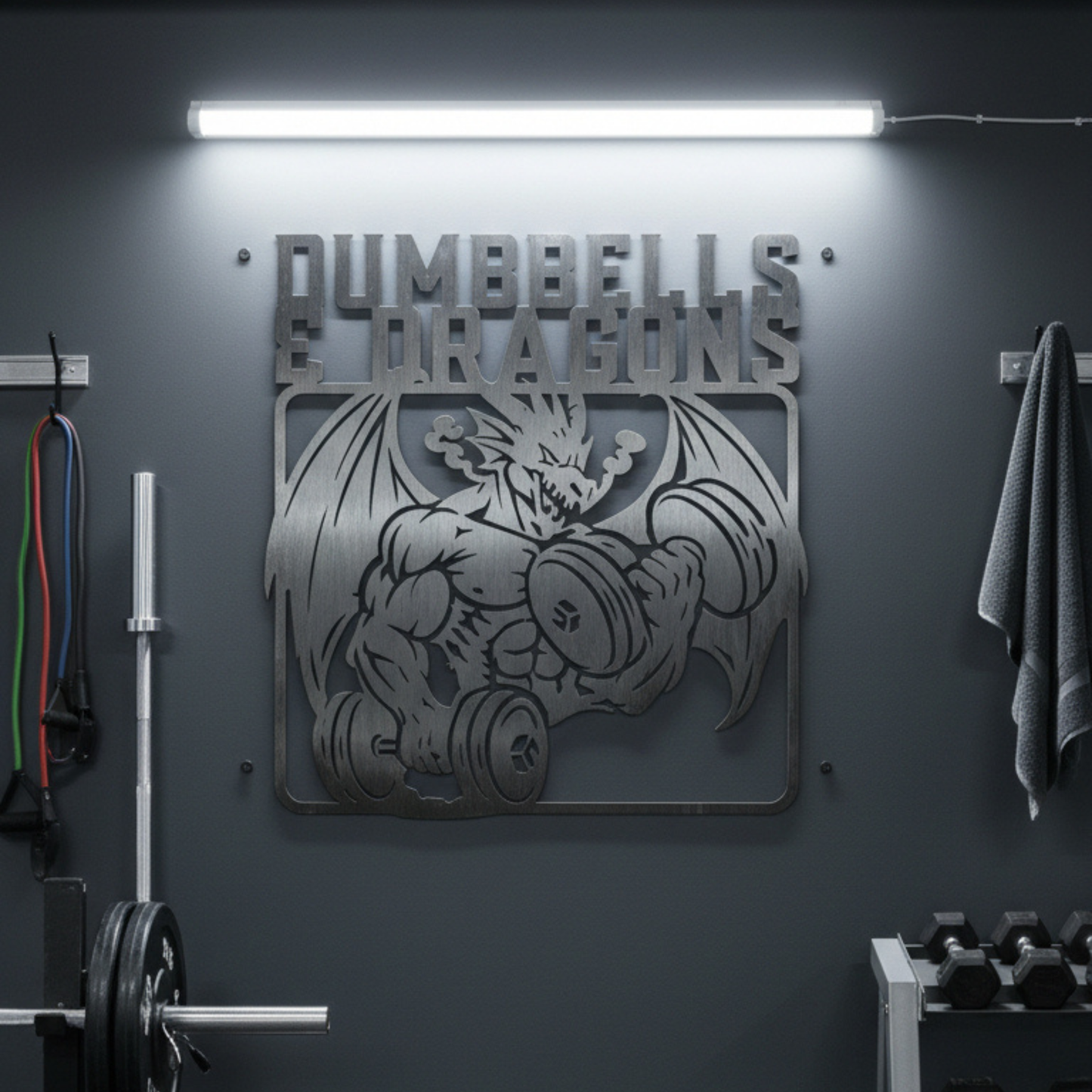 Dumbbells & Dragons Gym Metal Art Sign Steel Wall Decor
