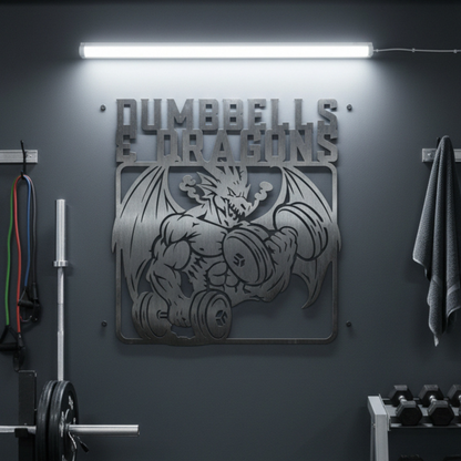 Dumbbells & Dragons Gym Metal Art Sign Steel Wall Decor